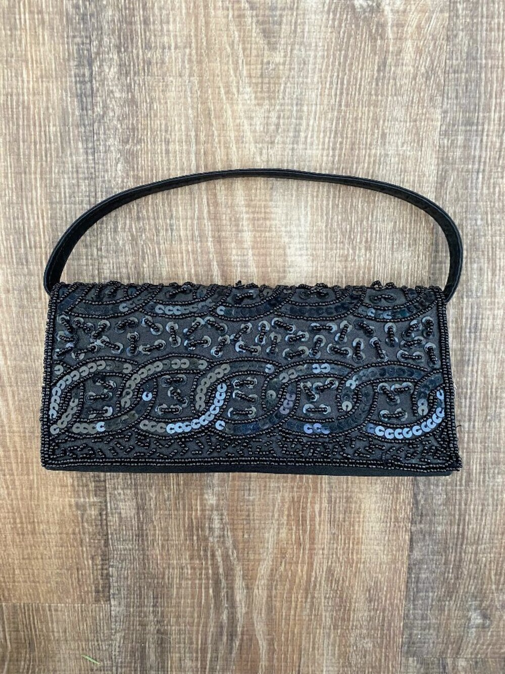 Vintage Black Sequin Evening Bag w/ Convertible Strap / Y2K / 8.5 x 4.5 in